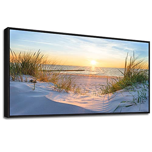 Blue Sun Beach Grass Ocean Landscape Black Framed