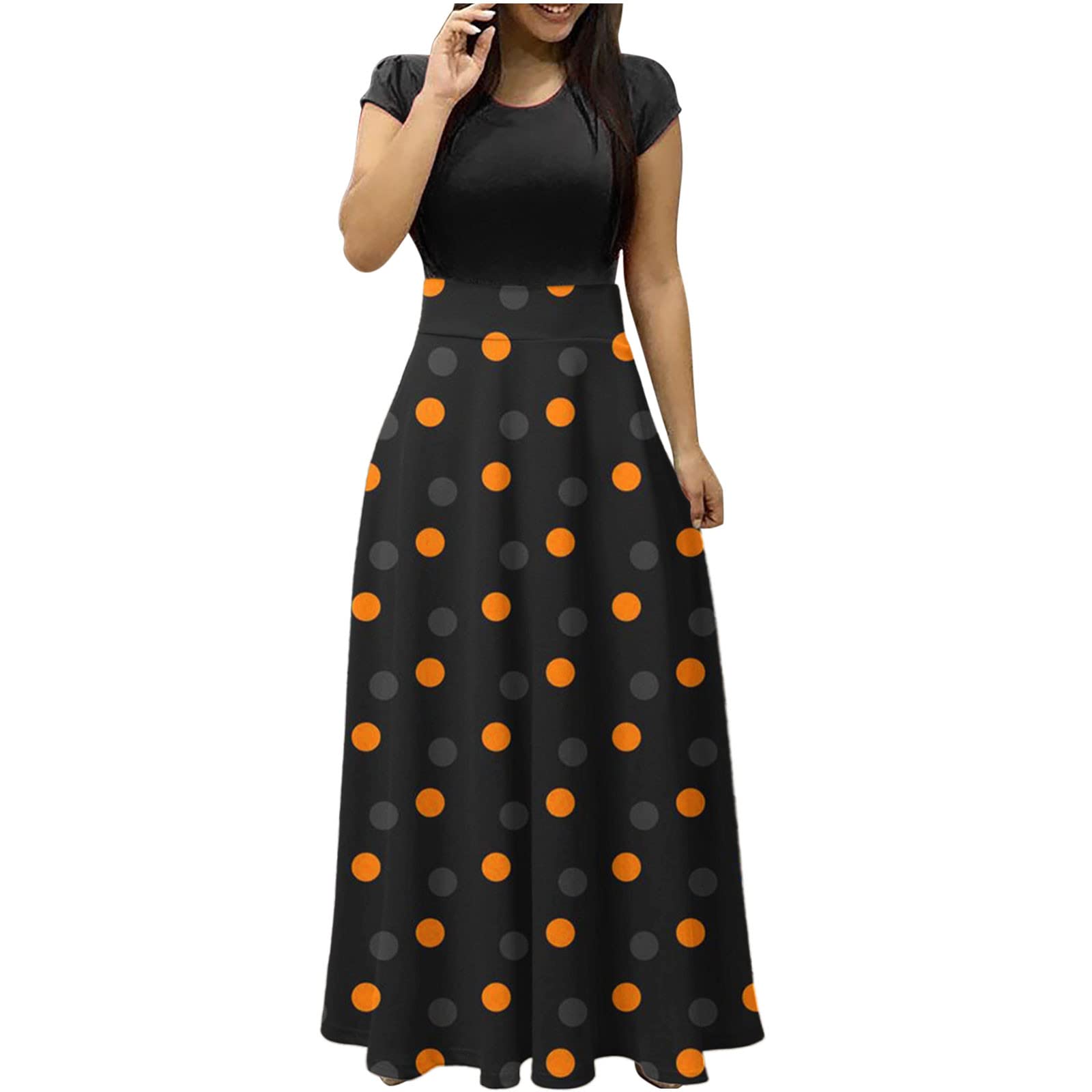 Elegant Halloween Dress for Women - Long Sleeve Pumpkin Print Maxi Dress with Flowy Design | Perfect for Costume Parties, Trick or Treating & Spooky Celebrations
