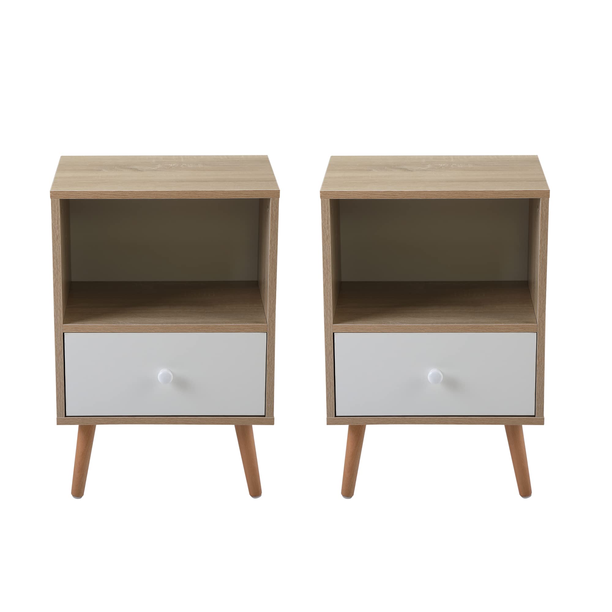 Vintage Mid-Century Modern Wood Nightstand - Bedside Sofa Side Table with Drawer & Shelf - Natural & White Set of 2 - Perfect for Bedroom, Living Room & Office Décor - Compact End Table for Small Spaces & Apartment Furniture