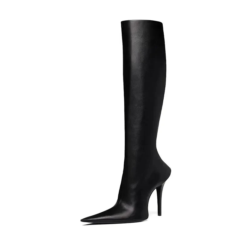 Arden Furtado Women's Knee High Boots - European Style Pointed Toe Stiletto Heels with Side Zipper for Skinny Calf | Perfect for Office, Party & Winter Fashion Outfits