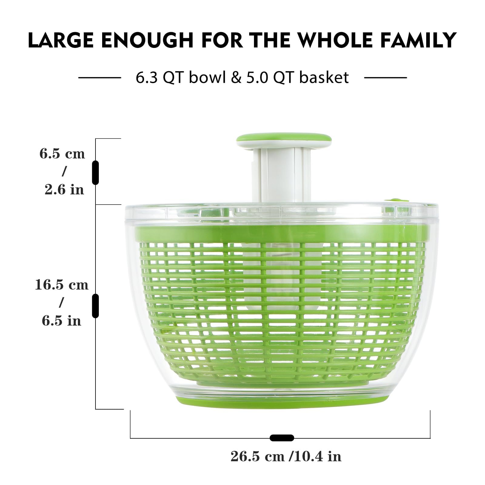 Ourokhome 6.3 QT Salad Spinner - One Handed Easy Press Lettuce Dryer with Retractable Pusher & Brake Button - Large Vegetable Dryer for Greens, Herbs, Berries, Fruits - Perfect for Kitchen, Meal Prep & Healthy Eating - Green
