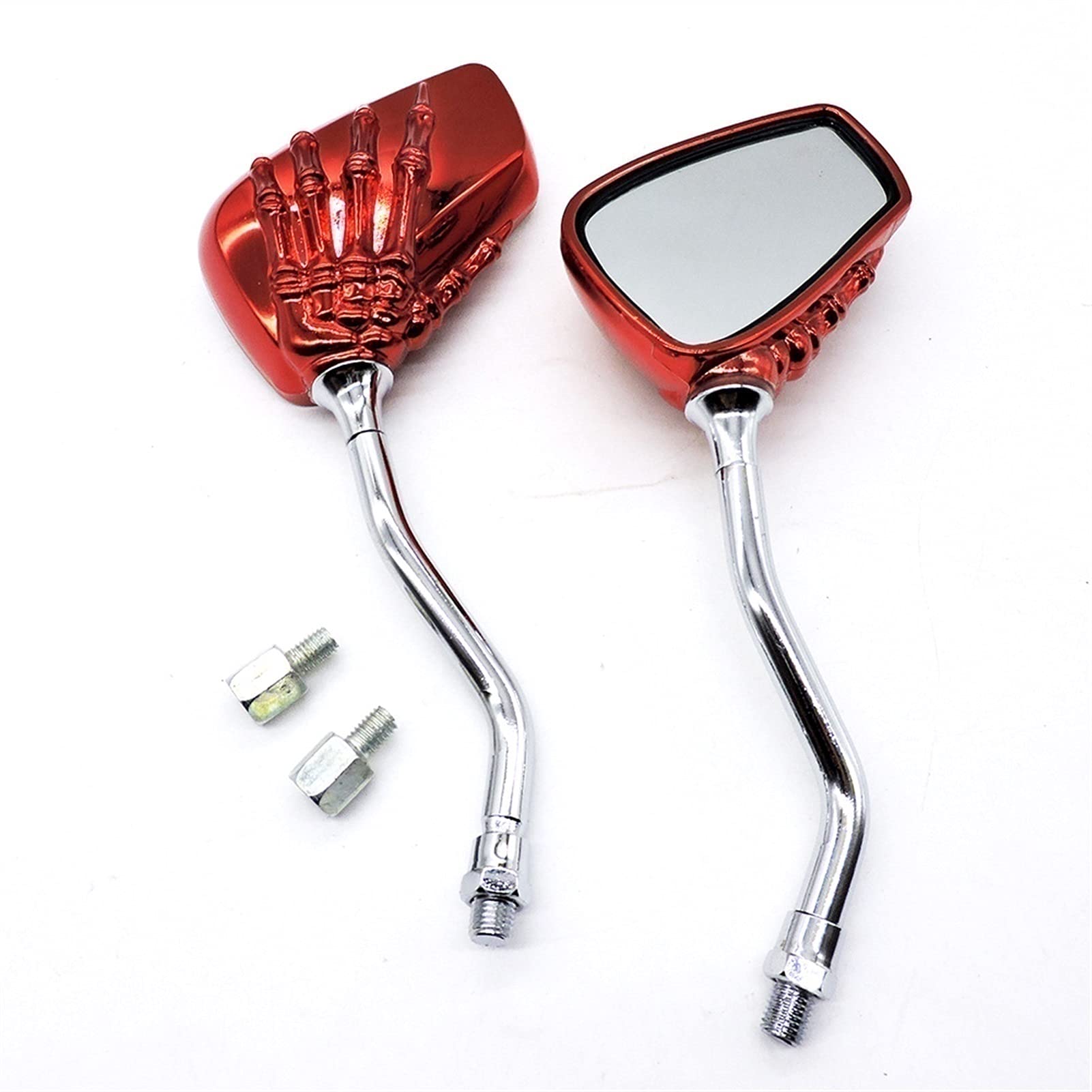 Universal 8mm/10mm Motorcycle Mirrors 2-Piece Set - Chrome Skeleton Skull Hand Claw Design in Black/Silver/Red - Durable Rear View Side Mirrors for Harley, Cruiser & Sport Bikes - Enhances Safety & Style on Highway Rides