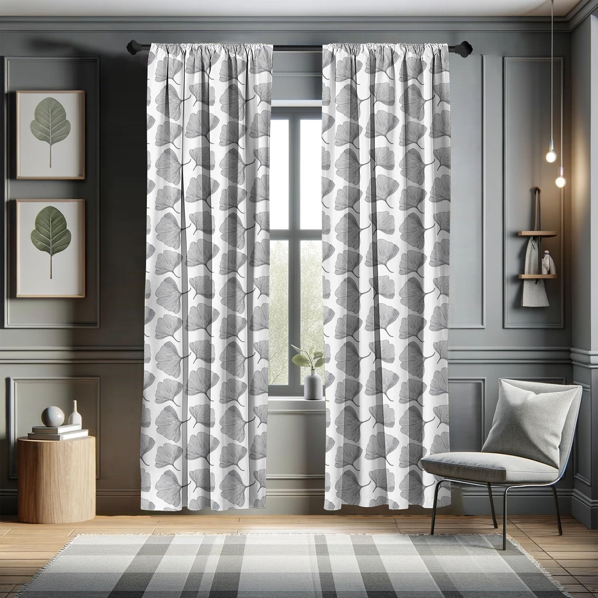 Ambesonne Ginkgo Leaf Window Curtains - Black & White Minimalist Botanical Print, Lightweight 2-Panel Set with Rod Pocket (28