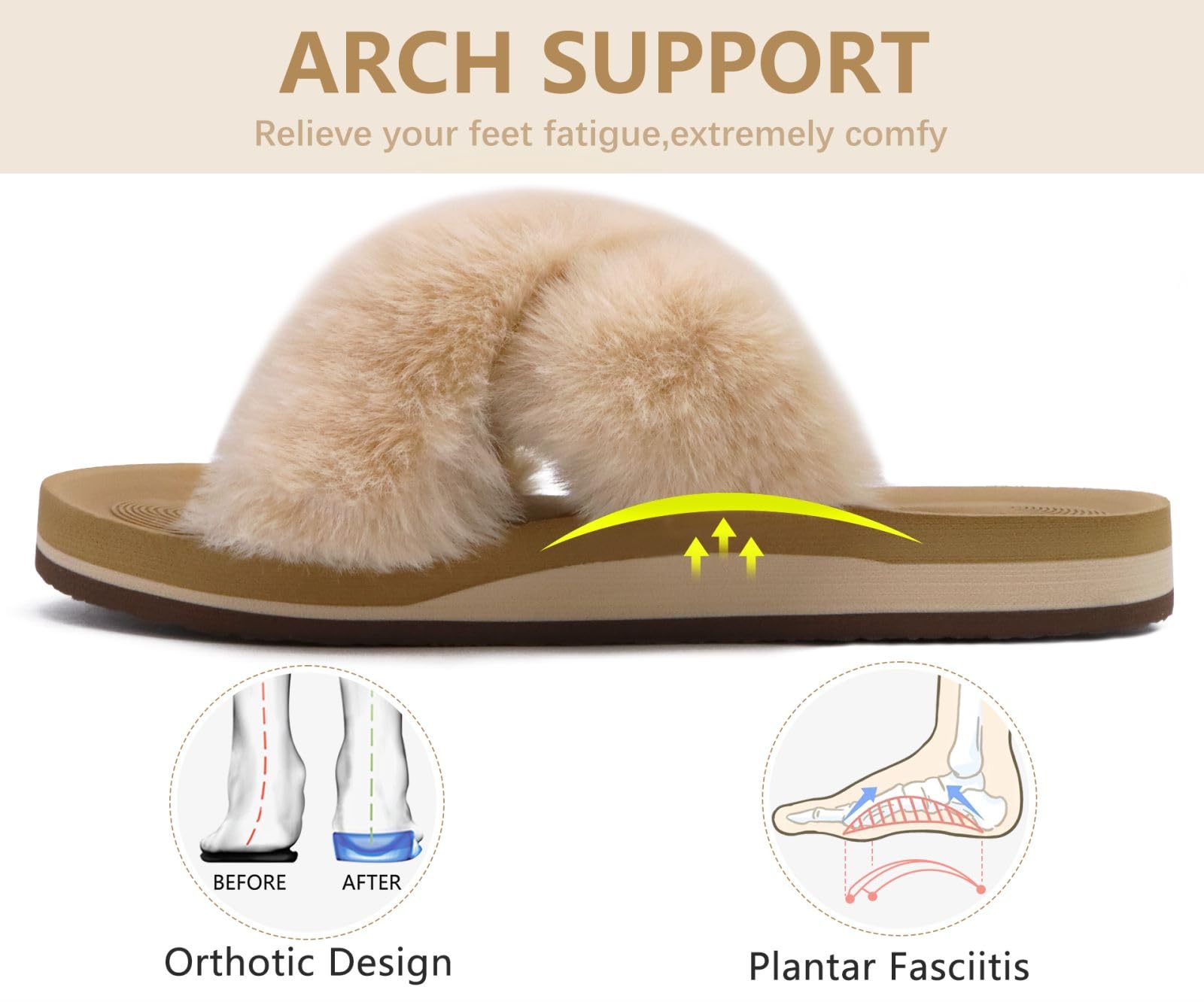 COFACE Women's Fuzzy Slides - Fluffy Faux Fur Cross Slippers with Arch Support, Open Toe House Sandals for Indoor/Outdoor Use - Perfect for Yoga, Lounging & Home Comfort