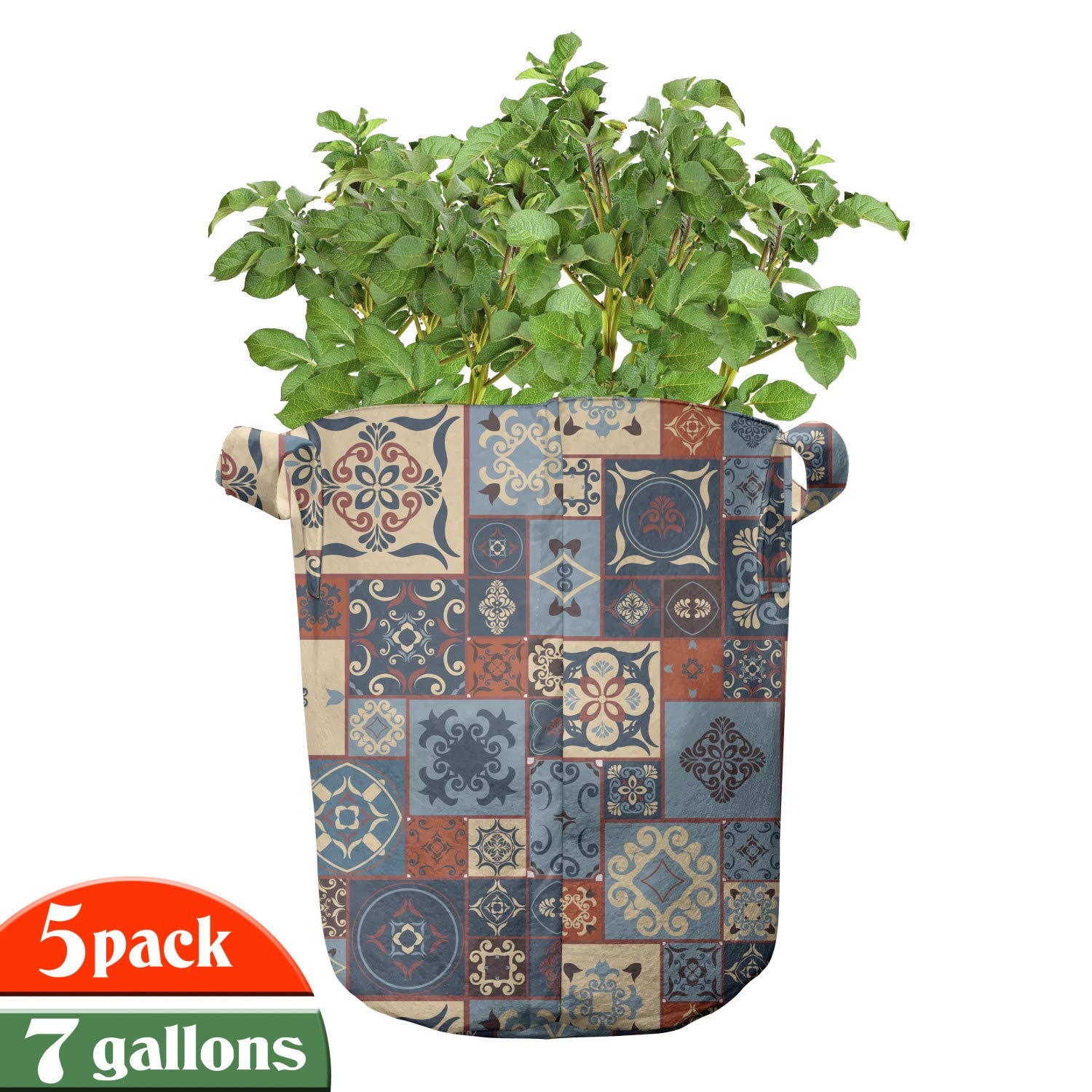 Ambesonne 5-Pack Moroccan Grow Bags - Heavy Duty Fabric Plant Pots with Handles, 7 Gallon Capacity, Dark Orange & Slate Blue - Perfect for Indoor/Outdoor Gardening, Vegetables, Flowers & Herbs