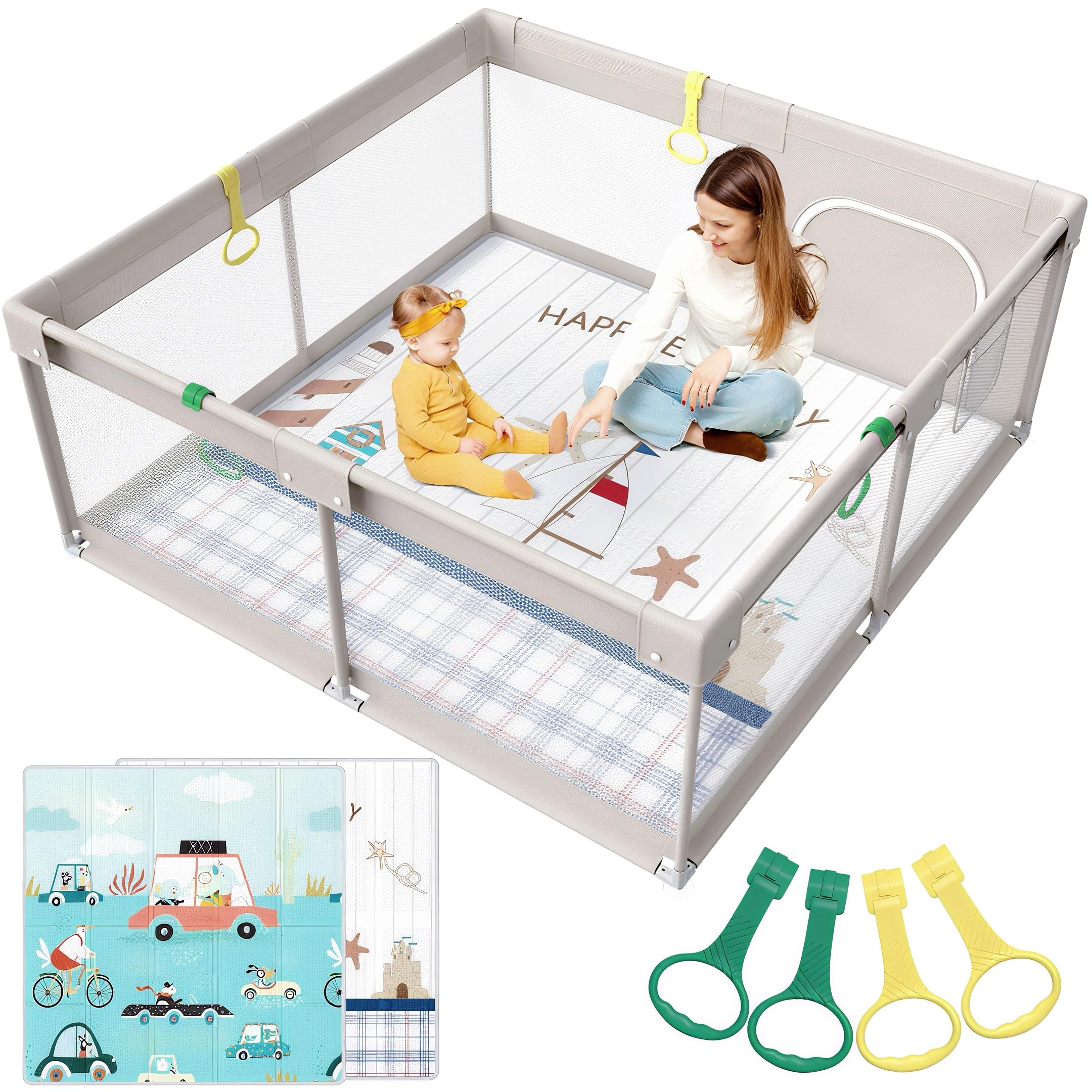 UANLAUO Extra Large Baby Playpen with Mat - 59x59x27 Inch Safe Play Yard for Toddlers & Infants | Indoor/Outdoor Play Area for Baby Boys & Girls | Perfect for Home, Daycare & Travel Use
