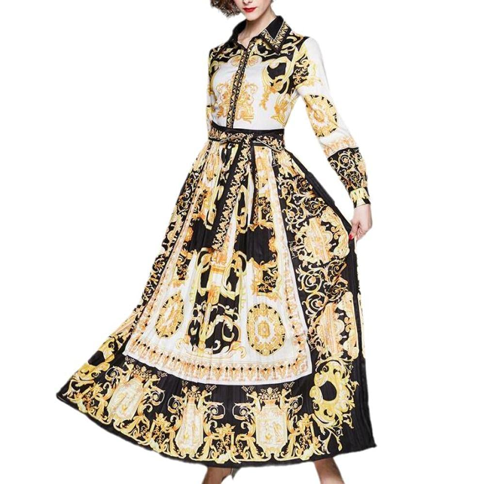 Vintage Print Maxi Dress for Women - Long Sleeve Slim Fit Pleated Casual Dress | Autumn Fashion Dresses & Women's Clothing | Perfect for Fall Outfits, Date Nights, and Casual Wear