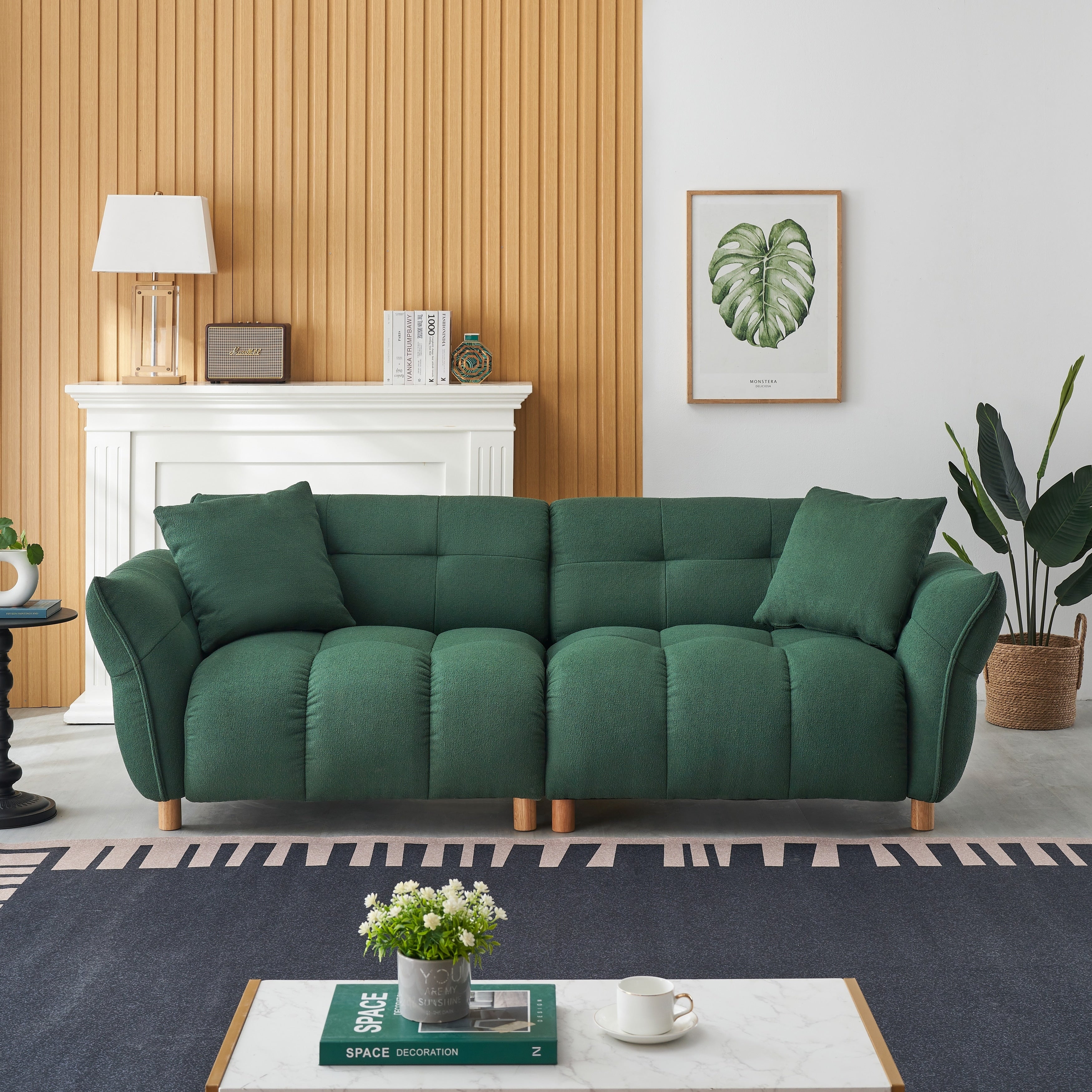 Mid Century Modern Sofa with Soft Teddy Fabric - Plush 3-Seater Couch with Decorative Pillows - Comfortable Living Room Furniture for Home & Office Lounge