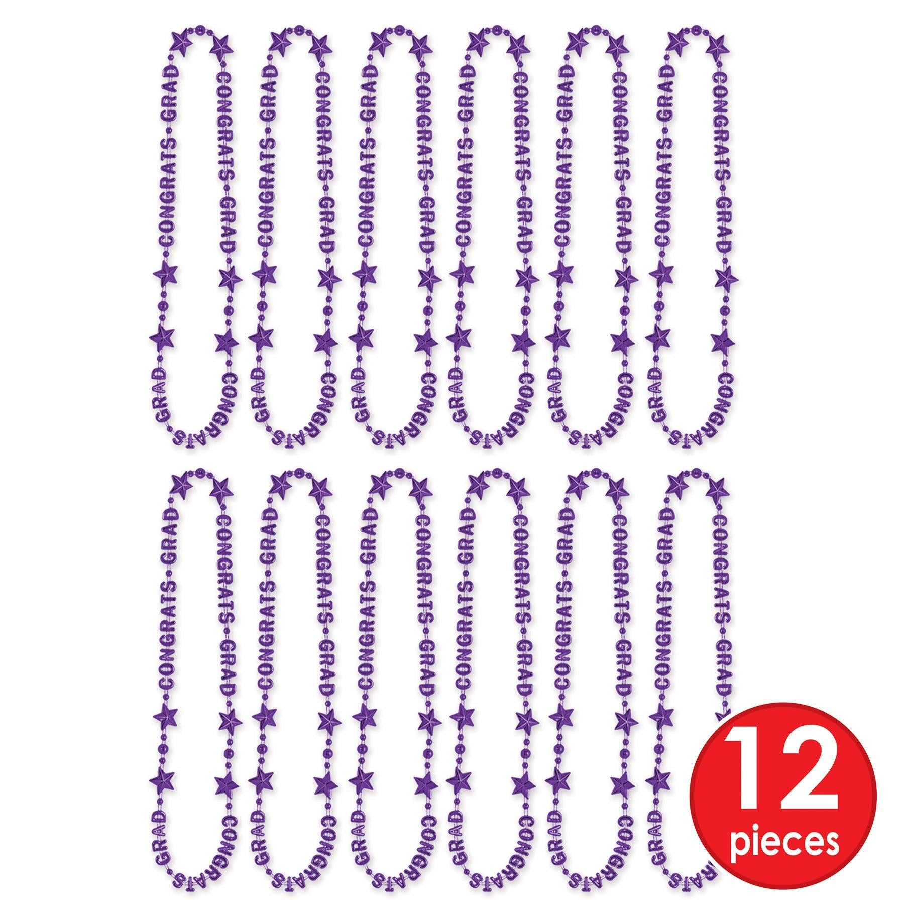 12 Pack Purple Graduation Bead Necklaces - Bulk Congrats Grad Party Supplies for Ceremony, School Events & Celebrations