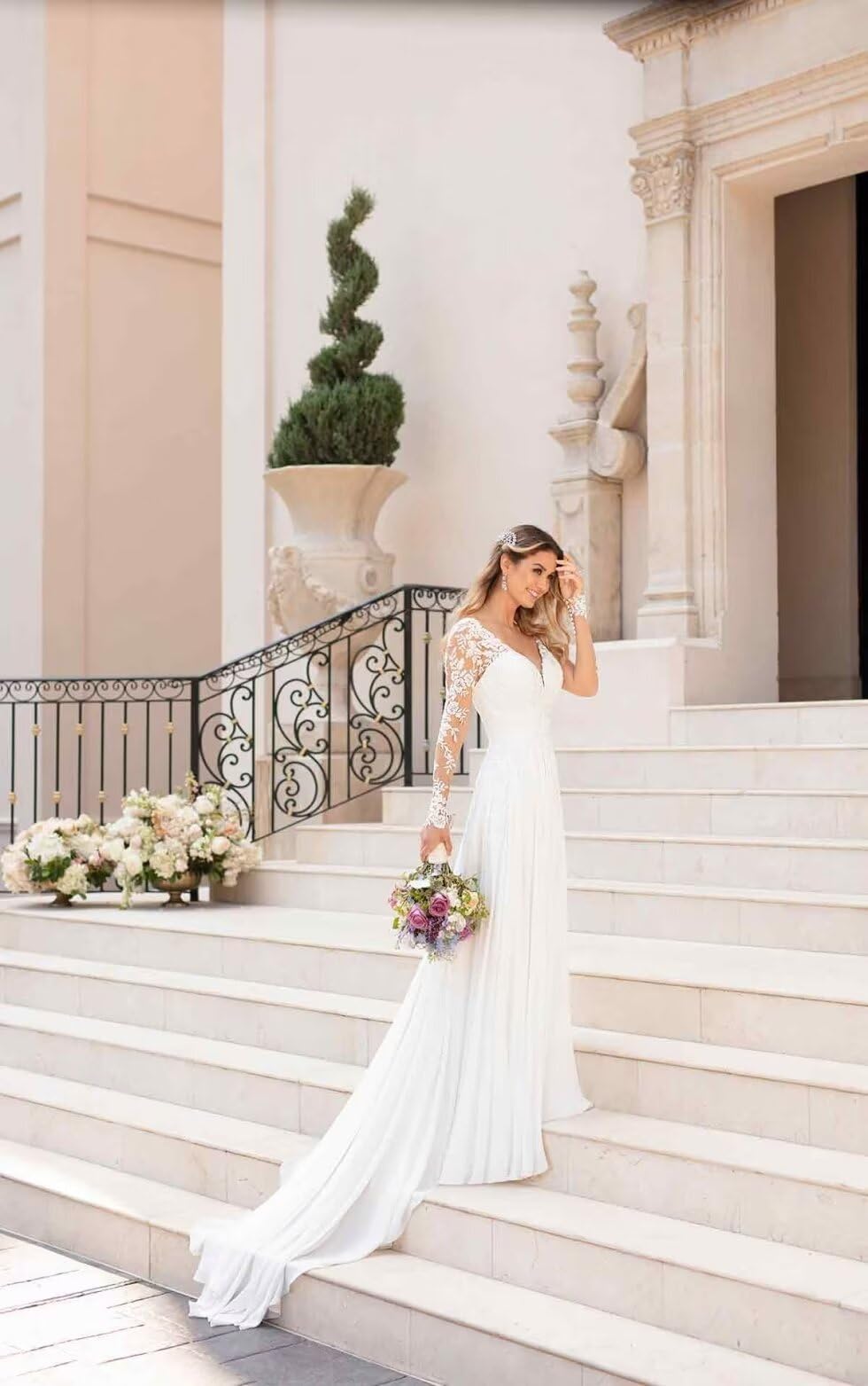 Elegant White Lace Chiffon Beach Wedding Dress for Women - Long Sleeve V-Neck A-Line Bridal Gown Size 8 | Perfect for Beach Weddings, Destination Elopements & Romantic Photoshoots
