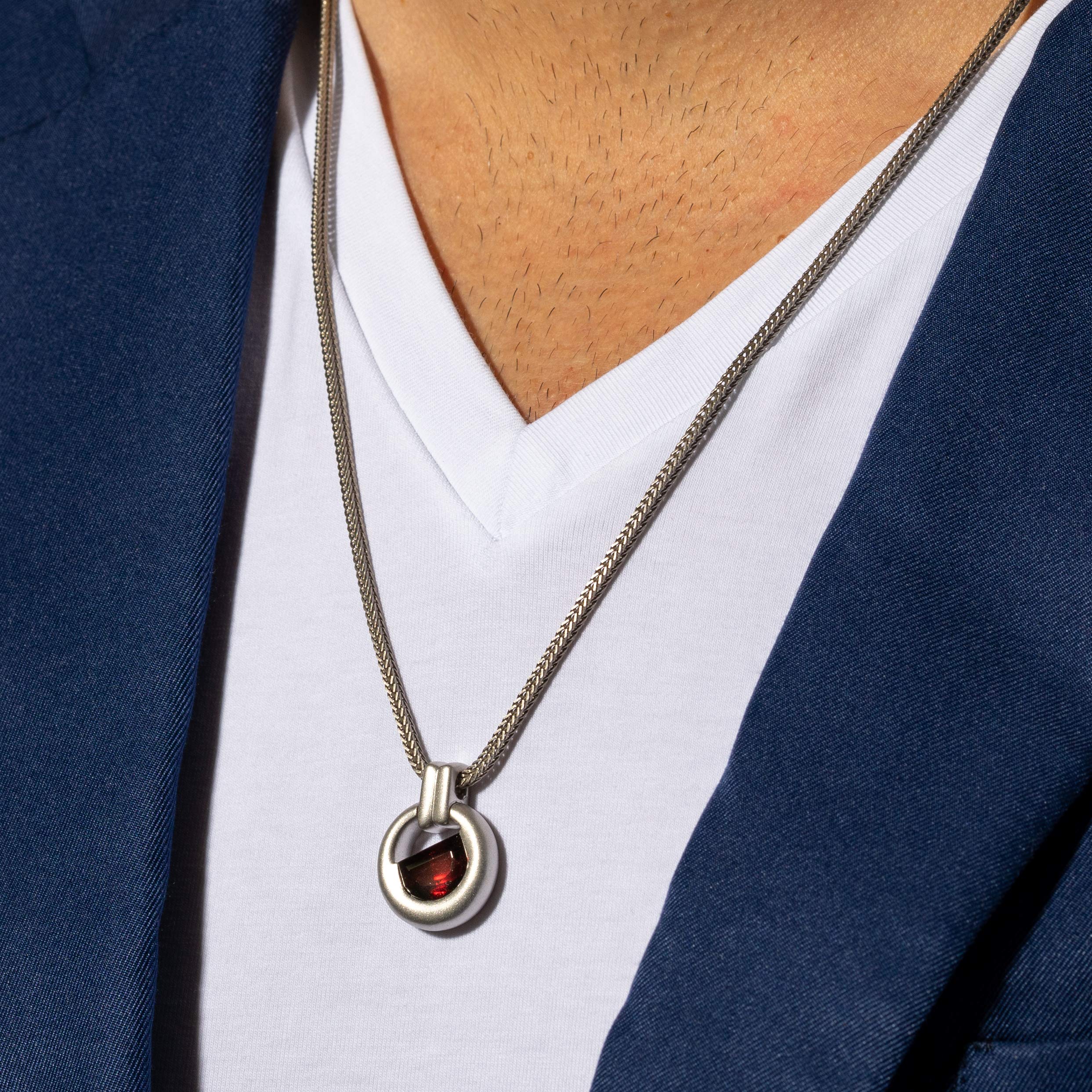 PEORA Sterling Silver Garnet Pendant Necklace for Men - 4.50 Carat Half Moon Shape with 22