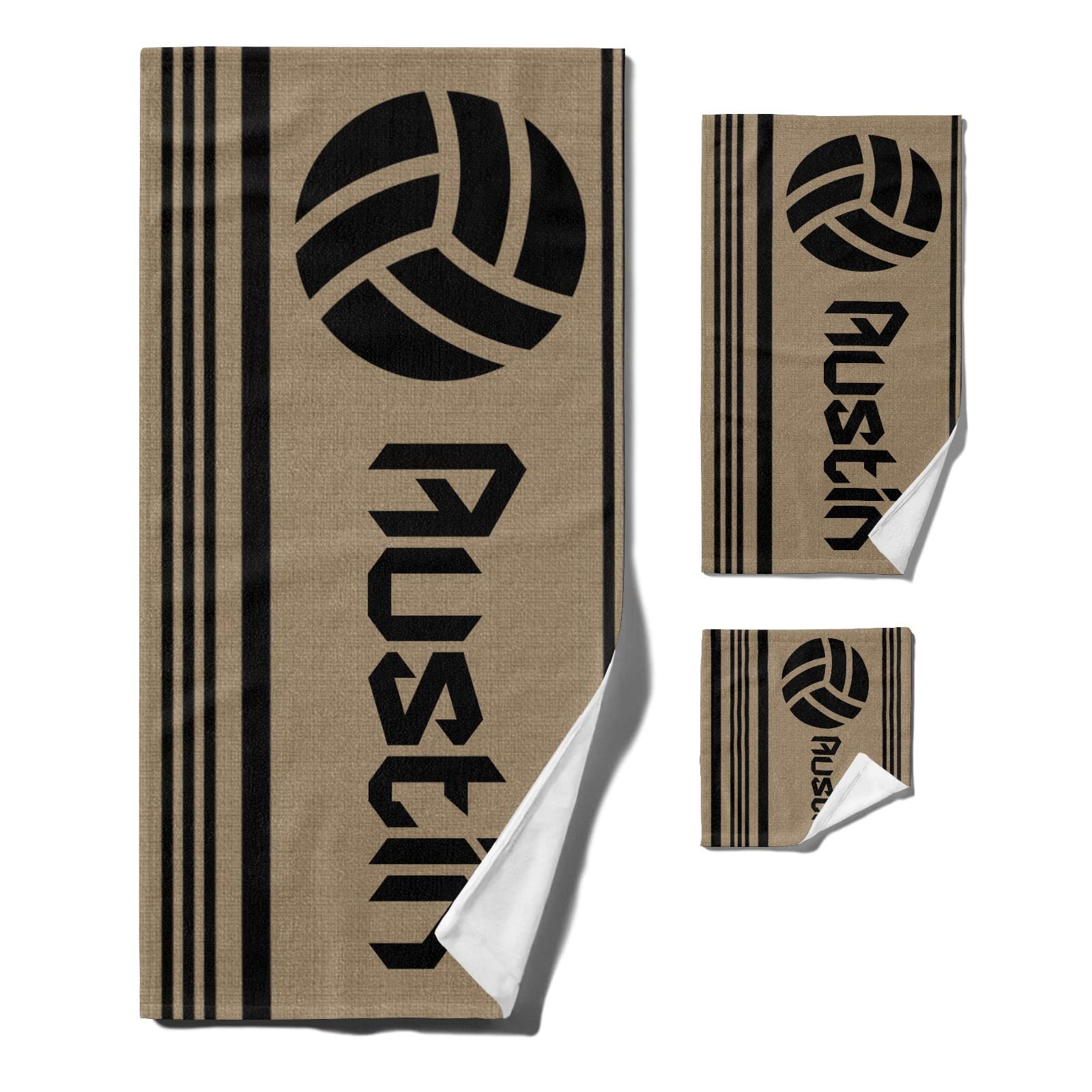 Custom Personalized Beach Towels Set of 3 - Quick Dry Striped Soccer Ball Design with Name - 1 Bath Towel, 1 Hand Towel & 1 Washcloth - Perfect for Pool, Beach, Gym & Bathroom Decor