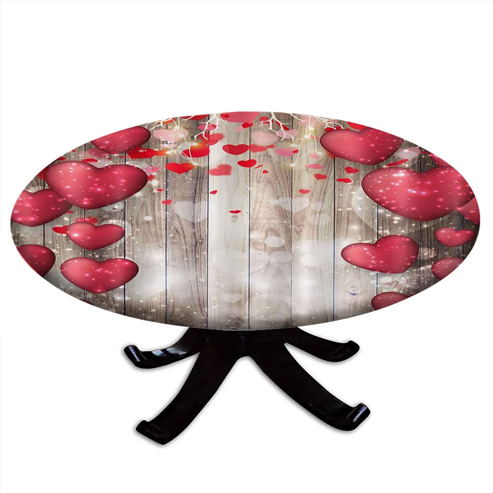 Valentine's Day Round Fitted Tablecloth - Red Falling Hearts & Balloons Design for 24 Inch Dining Table | Perfect for Romantic Dinners, Anniversary Celebrations & Wedding Decor | Vintage Love Theme Party Supplies