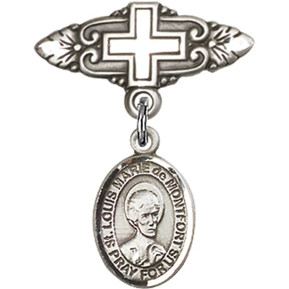 St. Louis Marie de Montfort Sterling Silver Baby Badge with Cross Charm - 1 X 3/4 Inch Religious Pin - Perfect for Baptism, First Communion & Christening Gifts