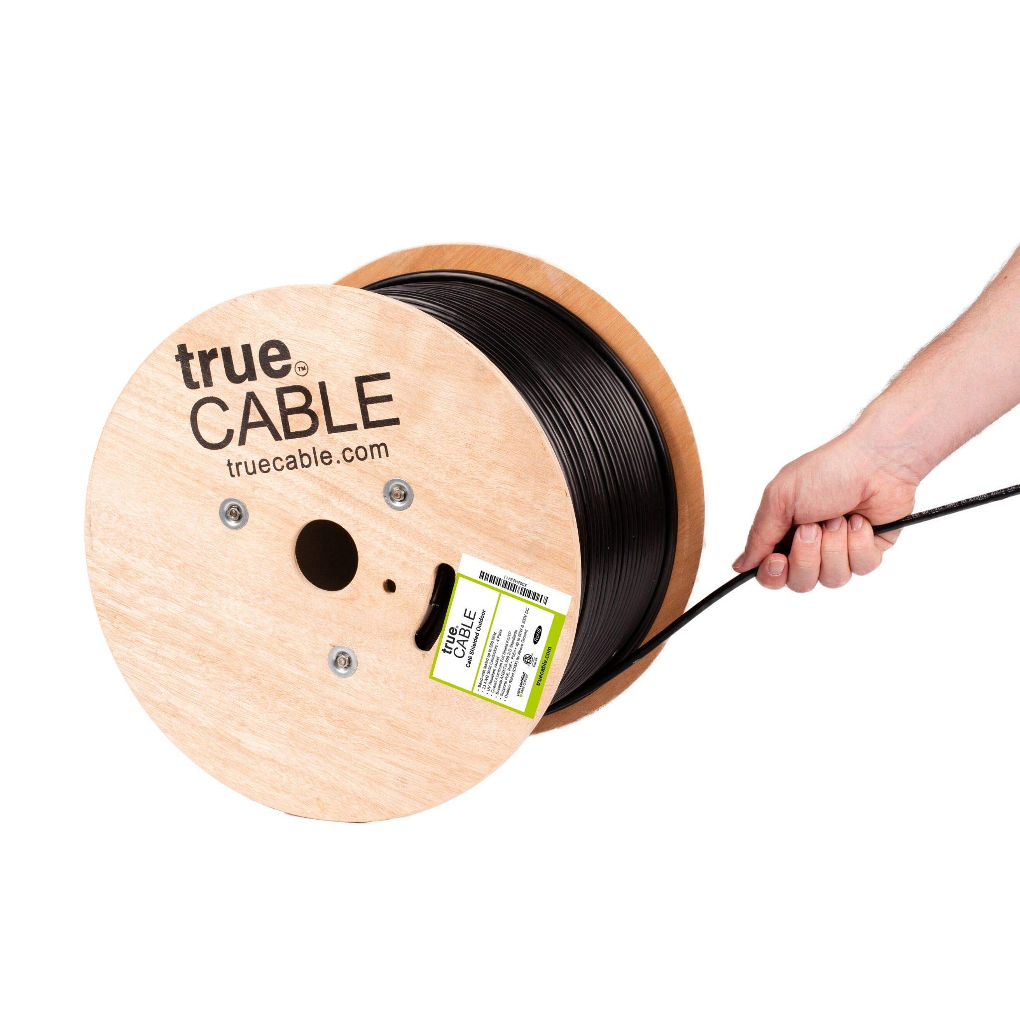 trueCABLE Cat6 Outdoor Shielded Ethernet Cable - 1000ft, UV Resistant, CMX Rated, Black, 23AWG Solid Bare Copper, 550MHz, PoE++ (4PPoE) - Perfect for Outdoor Networking, Security Cameras, and High-Speed Internet Installations
