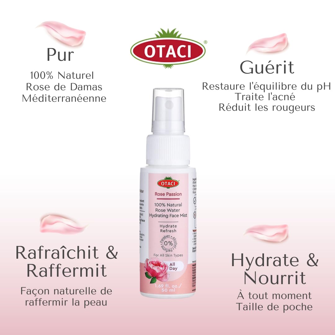 OTACI 100% Natural Rose Water Face Spray - Pure Damask Rose Hydrating Facial Toner, Refreshing & Firming Vegan Skin Care for Daily Cleansing & Makeup Setting