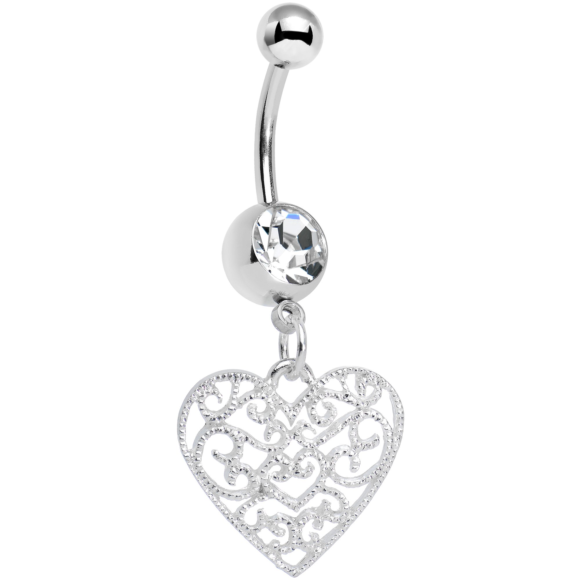 Body Candy Clear Filigree Heart Dangle Belly Ring - Elegant Navel Piercing Jewelry for Women, Perfect for Parties, Beach & Everyday Wear