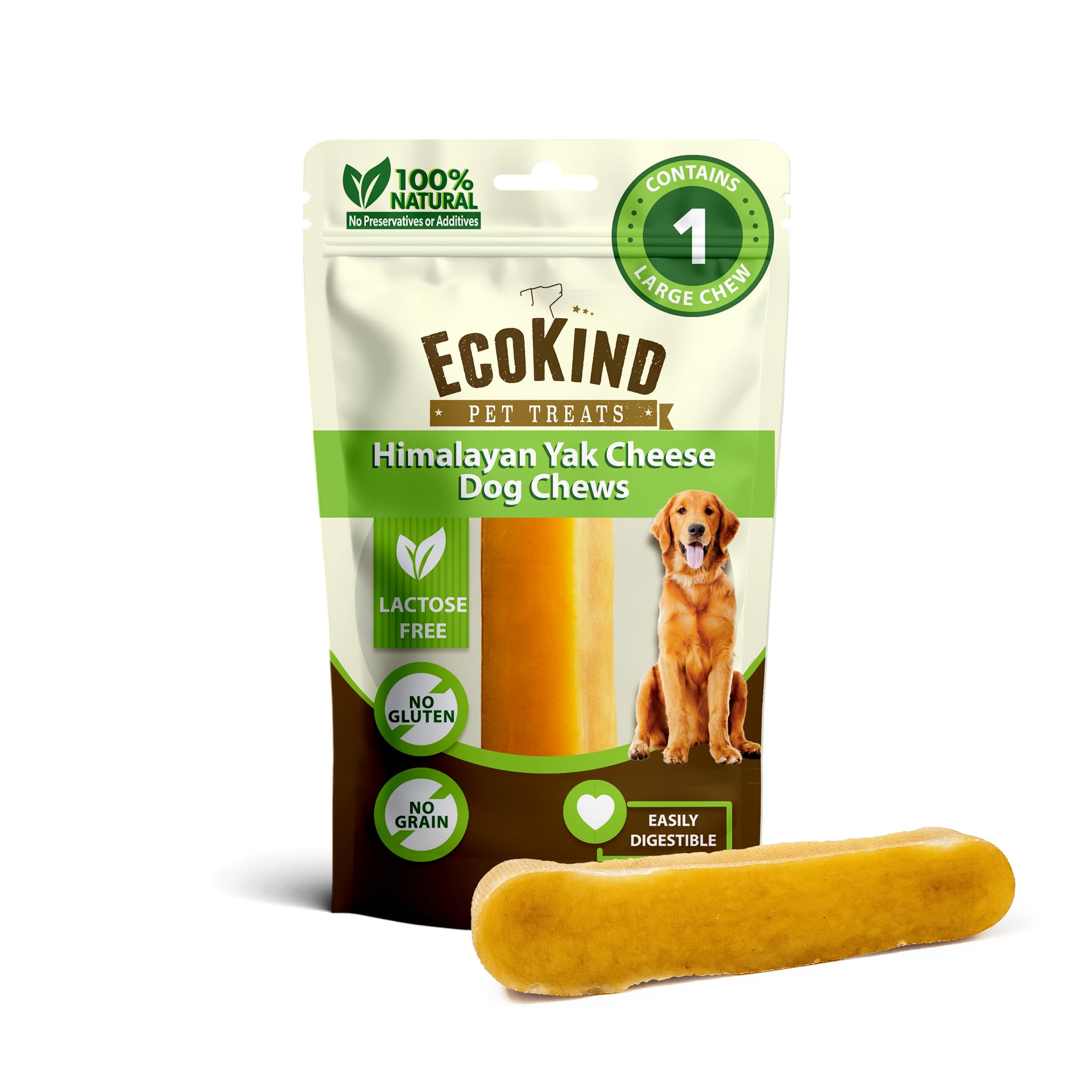 EcoKind Himalayan Yak Cheese Dog Chews for Large Dogs - Natural, Long-Lasting, Odor-Free, Healthy Dog Treats - Rawhide-Free, Made in The Himalayas - Perfect for Aggressive Chewers & Dental Health (Pack of 1)