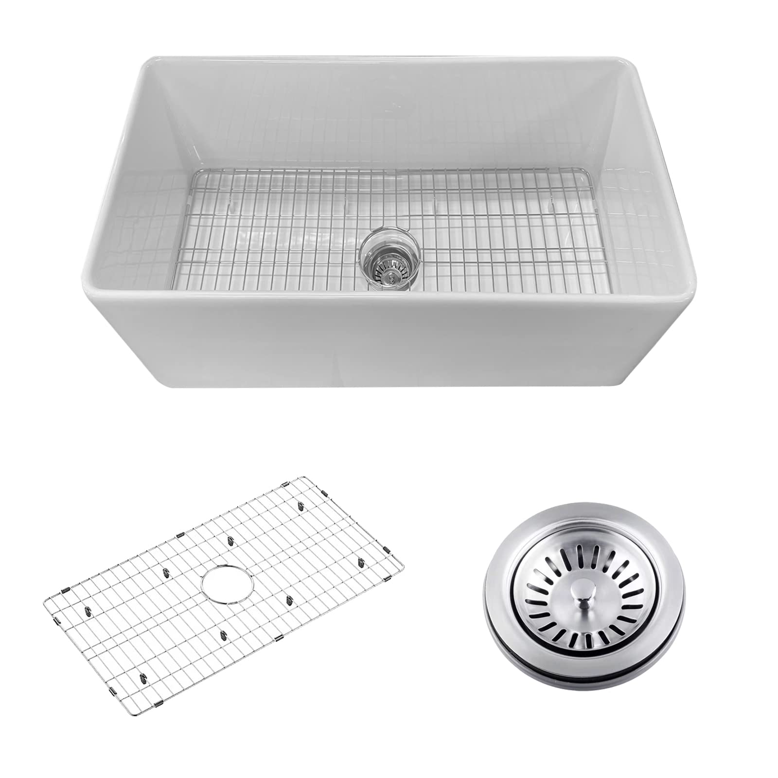 Premium White Fireclay Farmhouse Kitchen Sink - Modern Apron-Front Undermount Design with Durable Grid & Strainer - Perfect for Rustic & Contemporary Kitchens, Ideal for Cooking, Baking & Entertaining