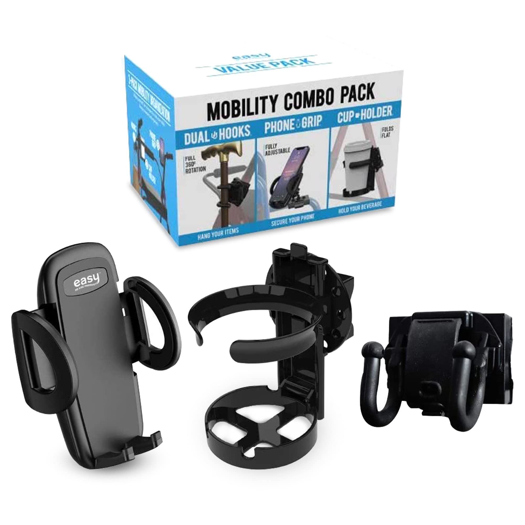 **Mobility Combo Pack - Adjustable Hook, Phone & Cup Holder for Walkers, Wheelchairs & Strollers - Easy Install Stretch Strap Fits 2