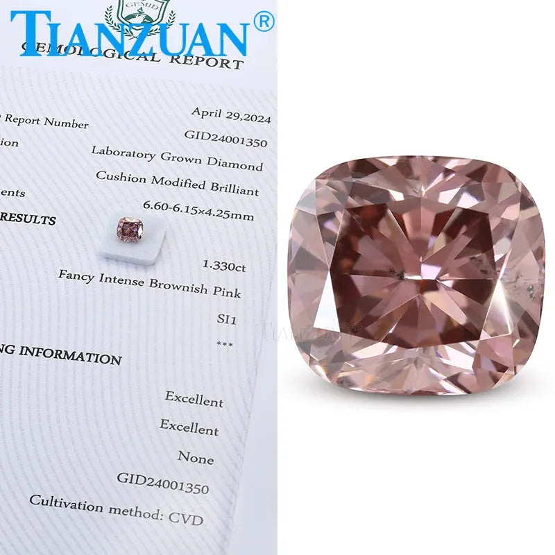Lab Grown CVD Diamond - Cushion Cut VVS1-VS2 (2EX) Fancy Intense Brownish Pink Loose Gemstone with GEMID Certification | Perfect for Engagement Rings, Anniversary Gifts & Jewelry Making