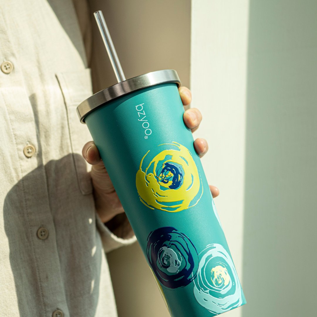 24oz Double Wall Vacuum Insulated Stainless Steel Tumbler with Straw Lid - Green Cyclone | Leakproof Travel Mug for Hot & Cold Drinks | Perfect for Gym, Office, Hiking & Outdoor Activities