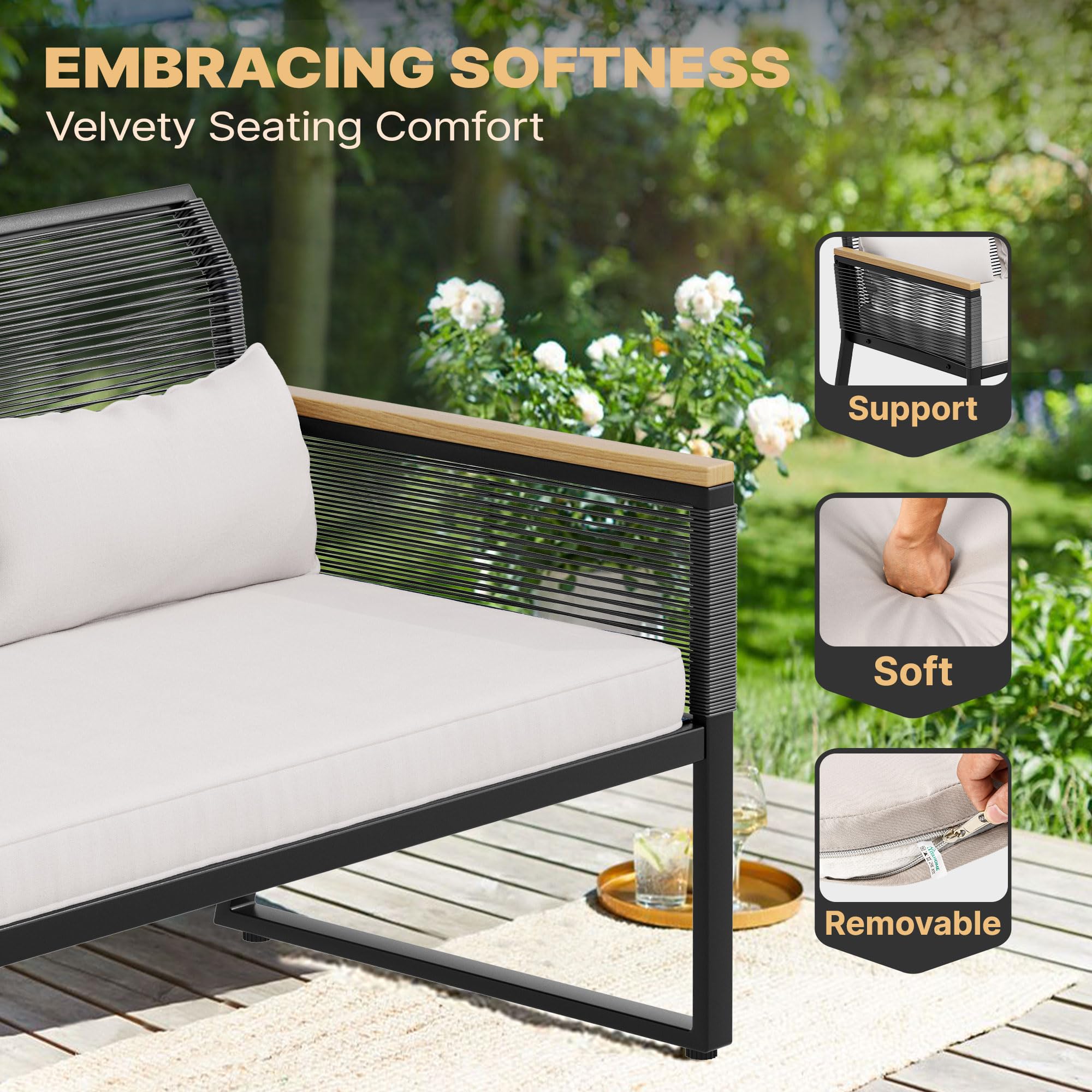 YITAHOME All-Weather Wicker Patio Loveseat with Wooden Armrest & Soft Cushion - Outdoor Furniture for Backyard, Balcony, Deck - Perfect for Relaxing, Entertaining & Lounging (Black)