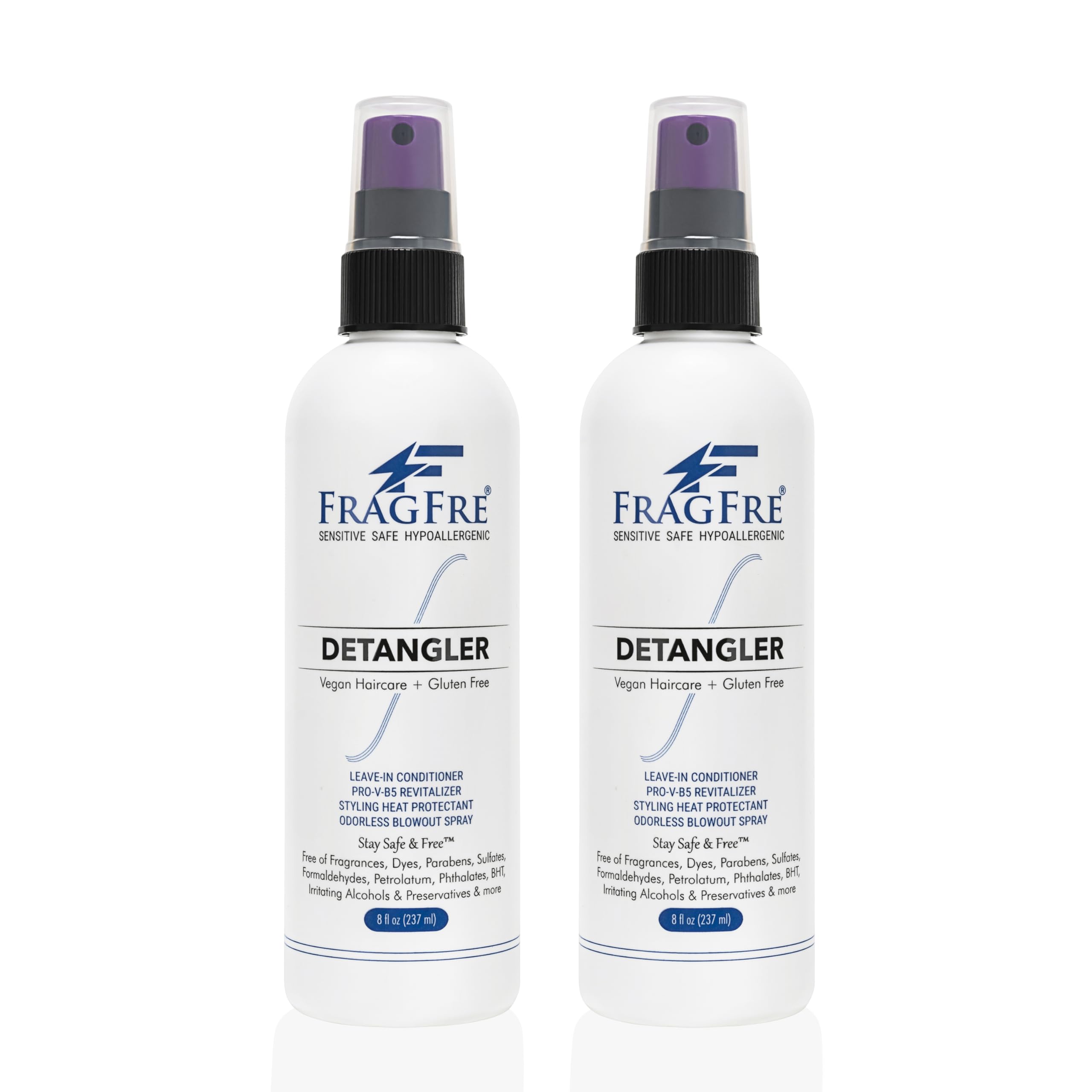 Fragrance-Free Hypoallergenic Hair Detangler & Leave-In Conditioner (8 oz, 2-Pack) - Paraben-Free, Vegan, Cruelty-Free & Gluten-Free for Sensitive Skin - Heat Protectant Styling Spray for Daily Hair Care & Detangling