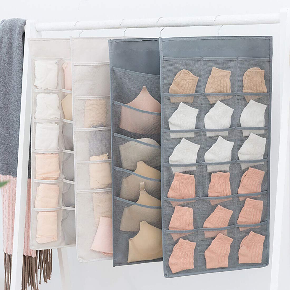 Mesh Closet Hanging Organizer with Rotating Metal Hanger - Dual Sided Wall Shelf Wardrobe Storage Bags for Bra, Underwear, Socks - Space Saving Oxford Cloth Organizer (Gray) - Perfect for Bedroom, Closet & Dorm Organization