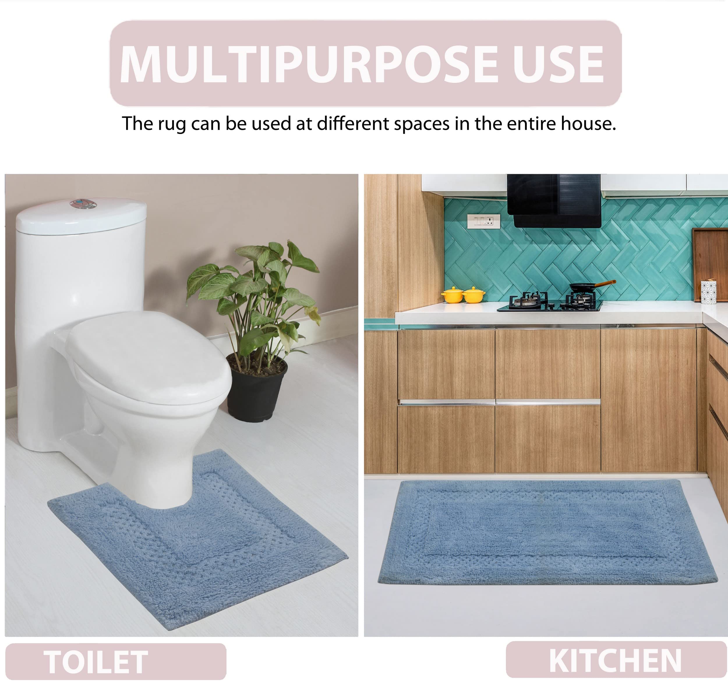 Premium 100% Cotton Bathroom Rugs Set - Ultra Soft & Absorbent Non-Slip Bath Mat, Washable Contour Bathroom Floor Mat & Kitchen Rug (3-Piece Set, Blue) - Perfect for Bathroom Safety & Cozy Home Decor