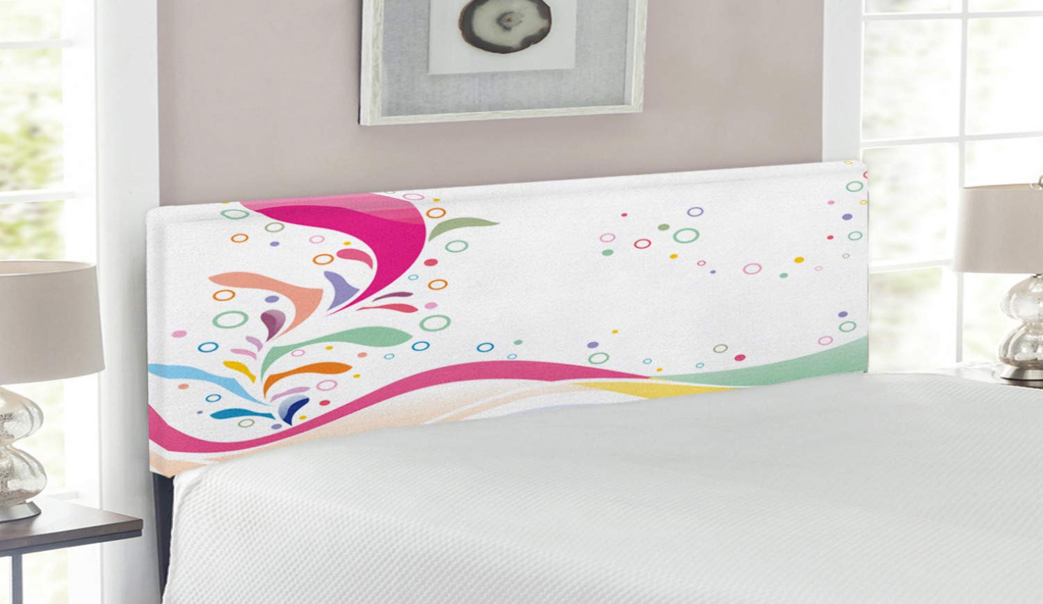 Ambesonne Floral Headboard - Vivid Bubbles Circular Dots with Flower Leaves Design | Upholstered Decorative Metal Bed Headboard with Memory Foam | Queen Size | Multicolor | Perfect for Girls' Bedroom, Teen Room Decor & Master Bedroom Makeover