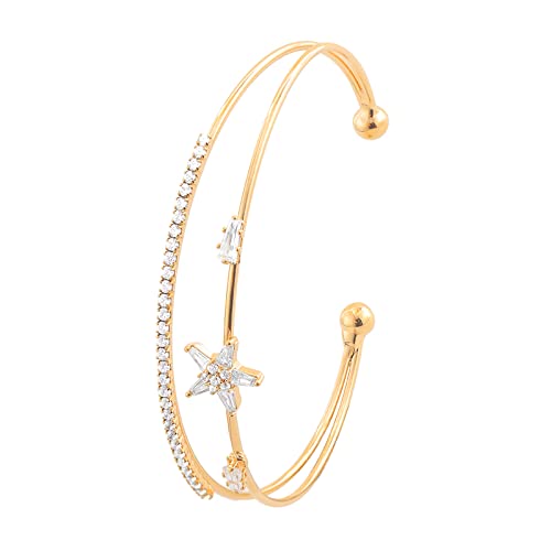 **Elegant Cubic Zirconia Star Charm Open Cuff Bangle Bracelet for Women in Gold – Perfect for Parties, Weddings & Evening Events**