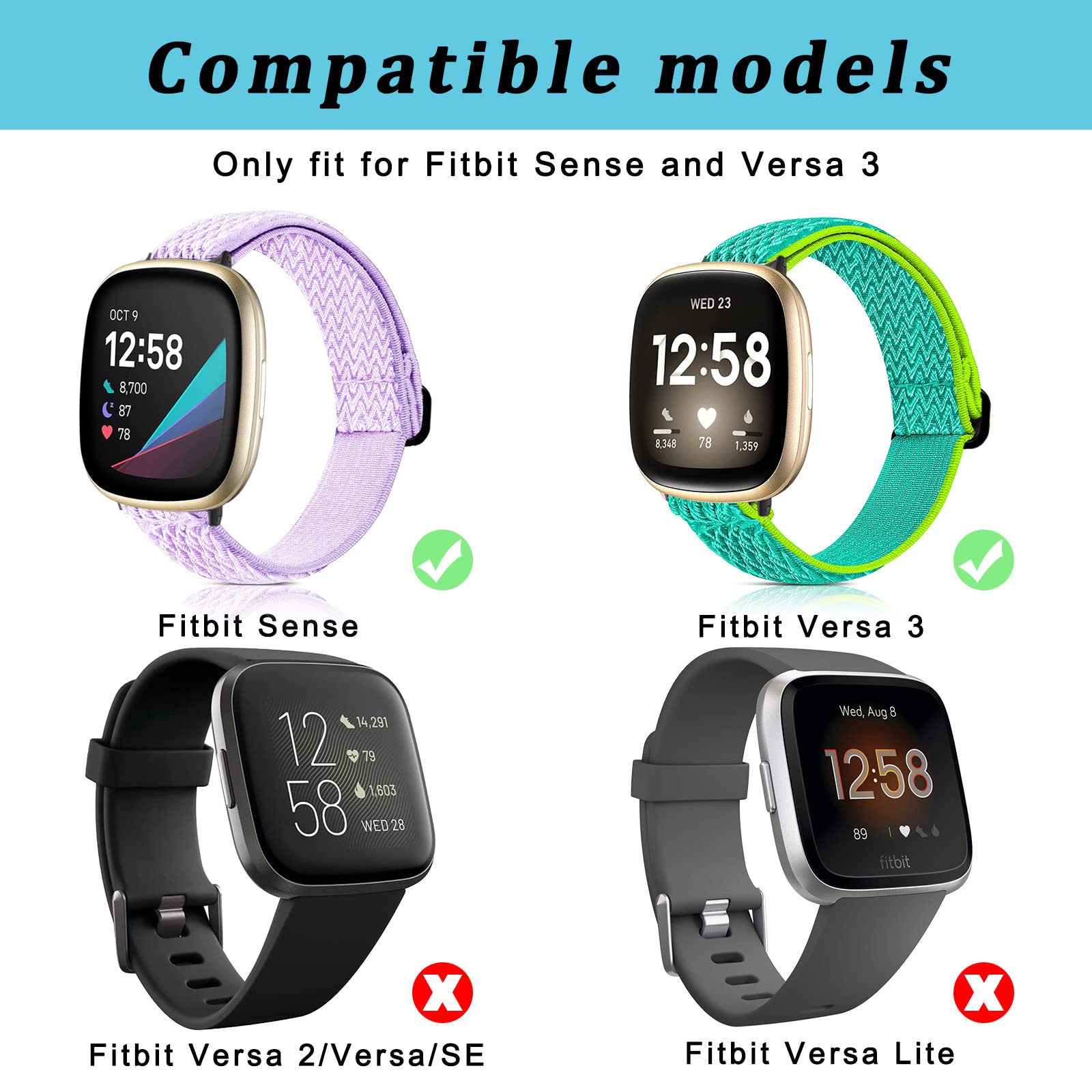 [4 Pack] Stretchy Replacement Bands Compatible with Fitbit Versa 3/4 & Sense/Sense 2 - Soft Comfortable Sport Wristbands for Women & Men - Perfect for Workouts, Running & Daily Wear