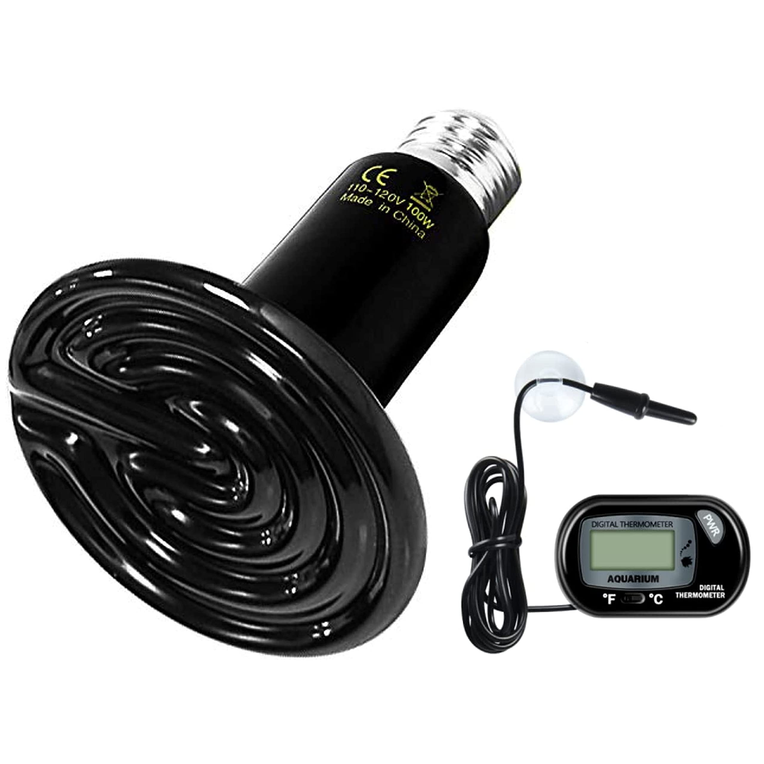 Simple Deluxe 100W Ceramic Heat Emitter Bulb - No Light Reptile Heat Lamp with Free Digital Thermometer for Reptile Tanks, Chicken Coops & Pet Brooders - Ideal for Lizards, Turtles, Snakes & Amphibians - Perfect for Terrariums, Aquariums & Reptile Habitats