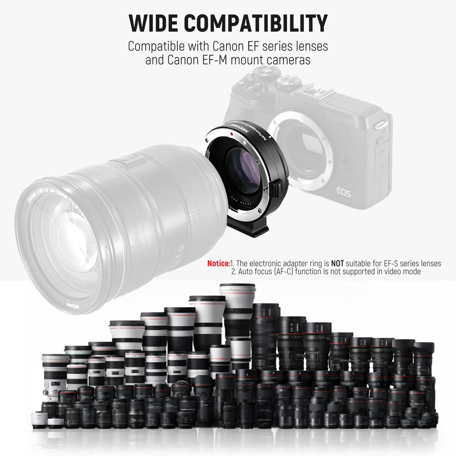 NEEWER EOS EF-M Lens Adapter for Canon EF to EOS M Mount - Compatible with Canon EOS M3/M5/M6/M10/M50/M100 Cameras - Perfect for Photography & Videography