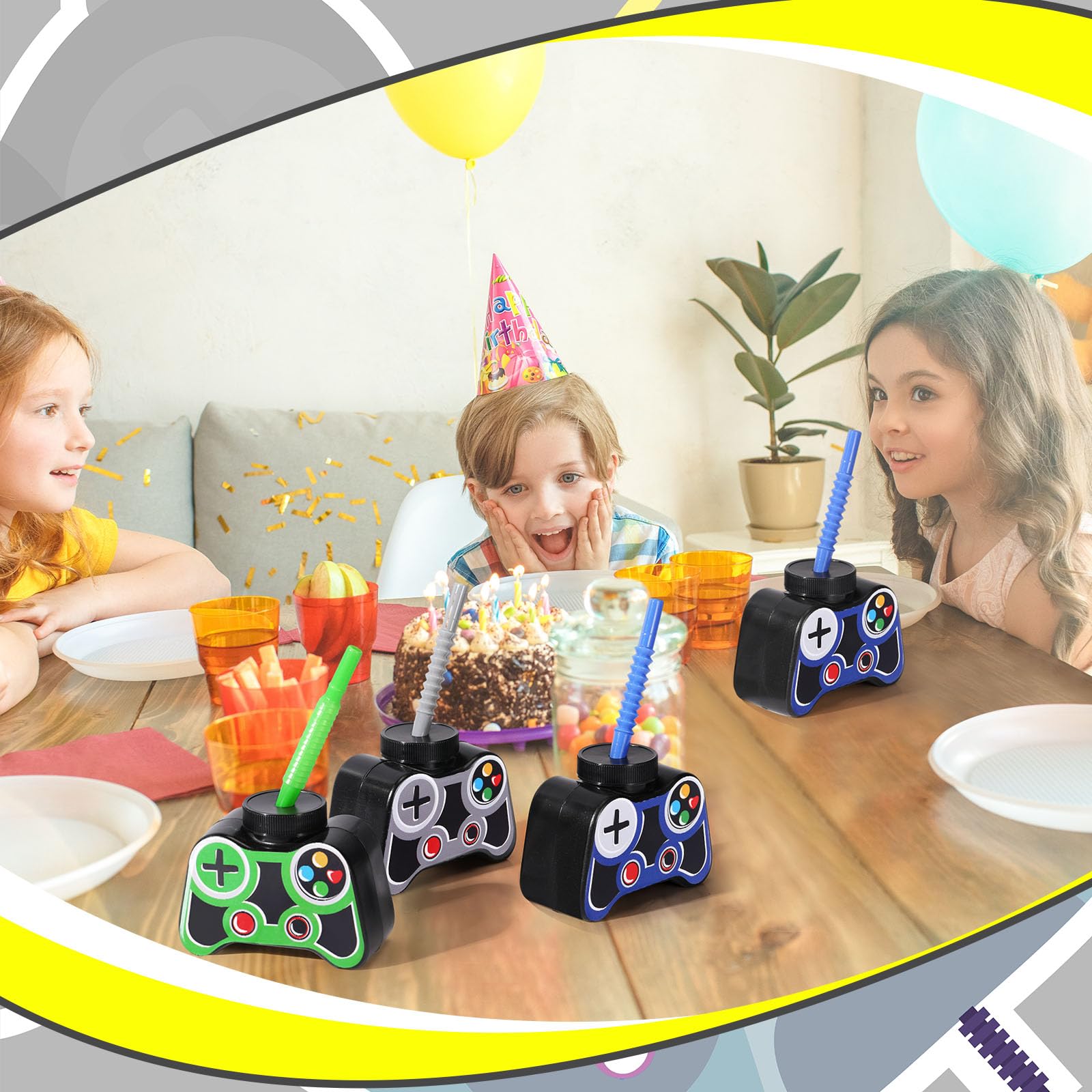 12 Pack 10oz Plastic Video Game Themed Cups with Straw & Lid - Gamer Party Supplies for Birthday, Gaming Events & Boys Game Nights (Gray)