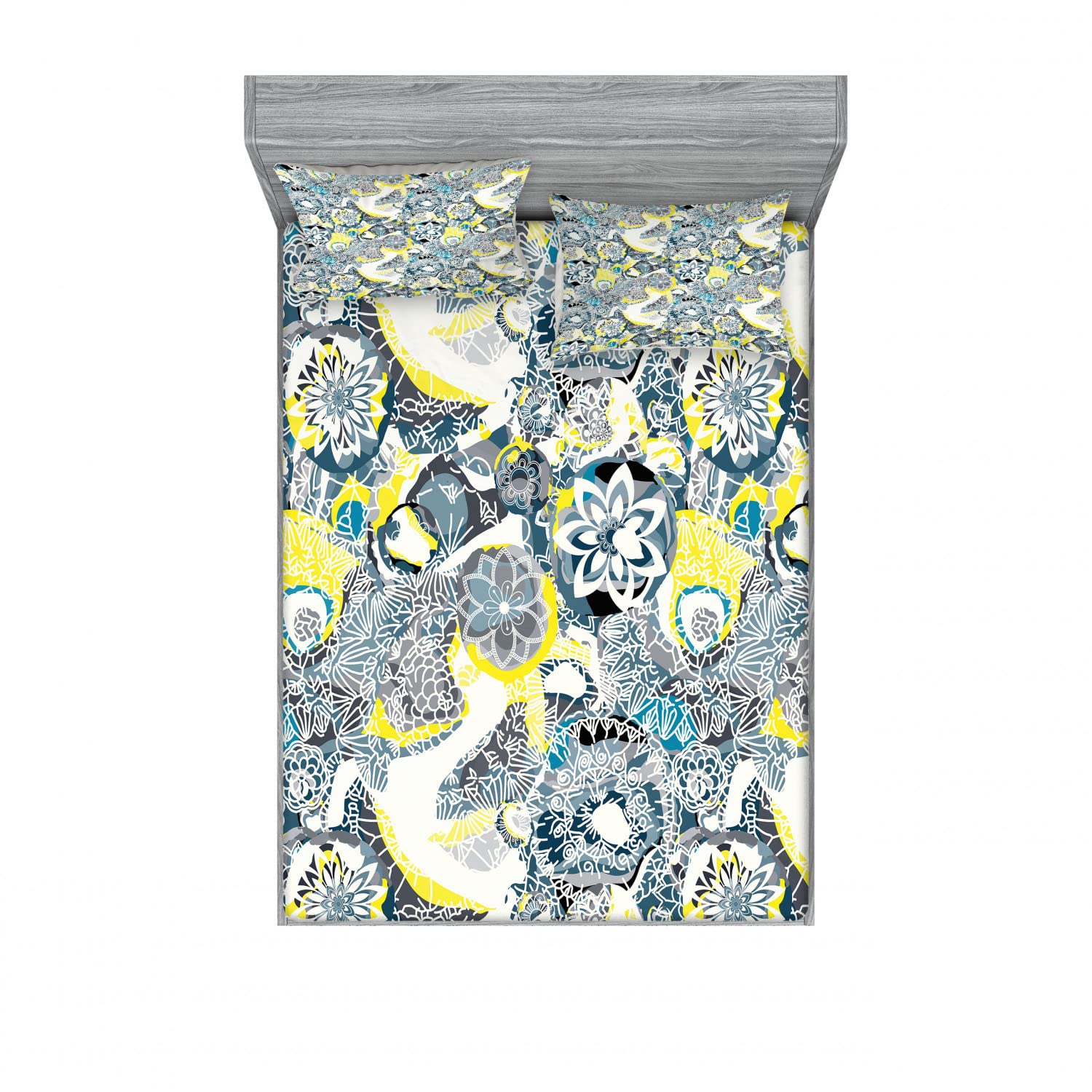 Ambesonne Floral 2-Piece Full Size Fitted Sheet Set with 4 Pillow Shams - Vintage Mandala Pattern Bedding in Yellow & Blue - Perfect for Guest Rooms, Dorm Decor, and Bohemian Style Bedrooms
