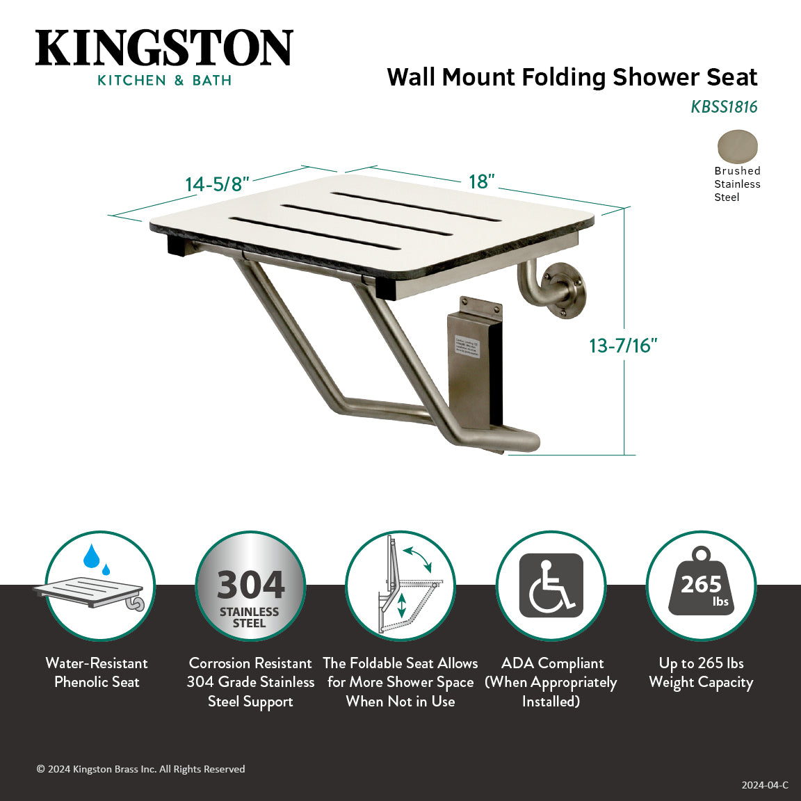 ADA Compliant Fold Down Shower Seat - 18x16 Inch Wall Mount Stainless Steel Shower Bench for Elderly & Disabled - Bathroom Safety Chair for Small Spaces & Accessible Showers