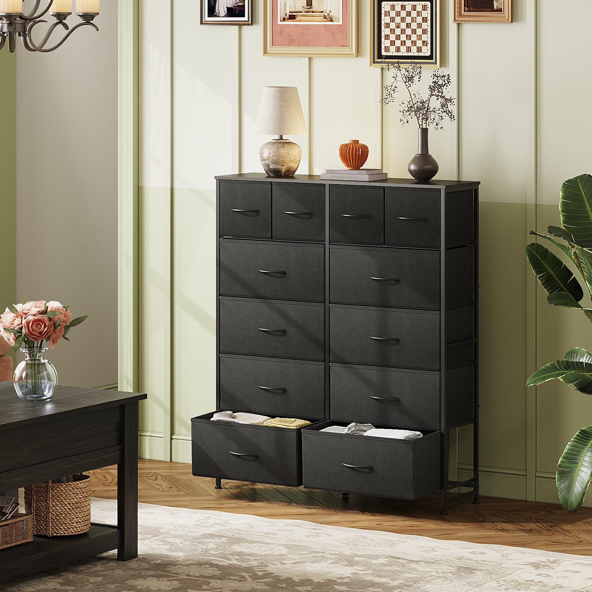 WLIVE 12-Drawer Tall Dresser for Bedroom - Fabric Storage Chest with Steel Frame & Wood Top in Charcoal Black - Perfect for Bedroom Organization, Closet Storage & Home Decor