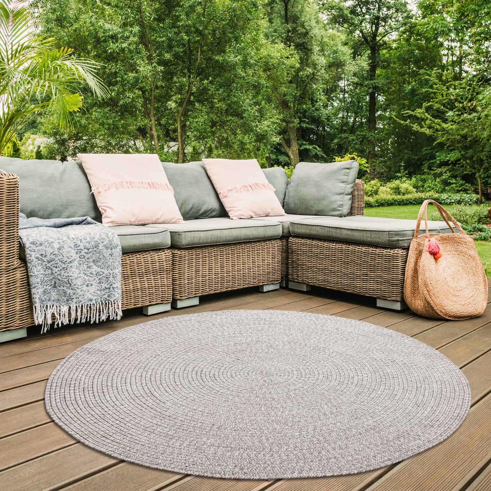 DECOMALL Azure Outdoor Braided Rugs - 6ft Round Indoor/Outdoor Carpet in Grey - Perfect for Patio, Deck, Living Room & Bedroom Floor Decor