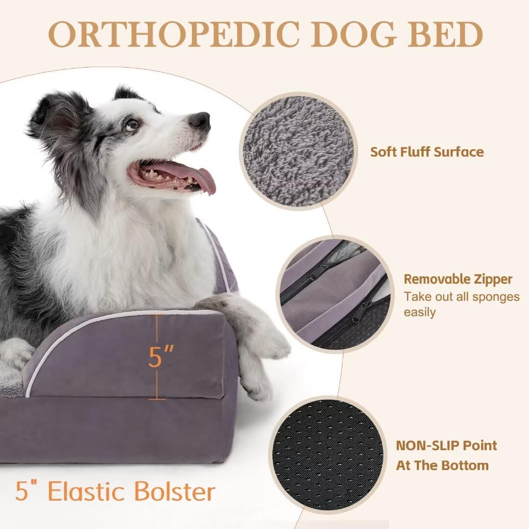 Extra Large Orthopedic Dog Bed - Waterproof, Washable & Non-Slip Jumbo Pet Bed for Giant Breed Dogs with Removable Cover (Purple) - Perfect for Elderly Dogs, Arthritic Pets & Spacious Living Rooms