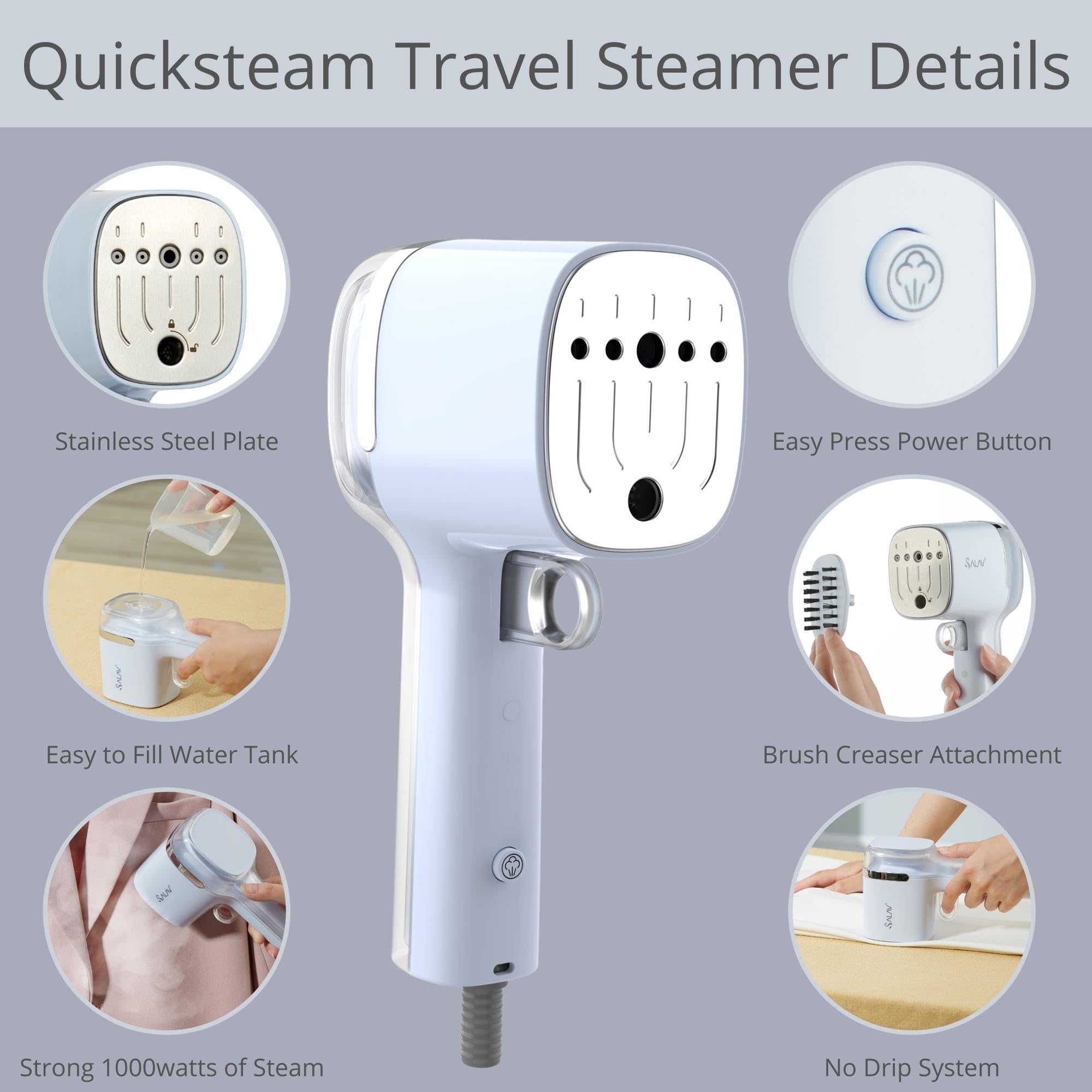 SALAV® Quicksteam Portable Handheld Garment Steamer - 10 Second Fast Heating, Wrinkle Remover for Clothes & Fabrics, No Drip Steam, Stainless Steel Plate - Perfect for Travel, Business Trips & Home Use