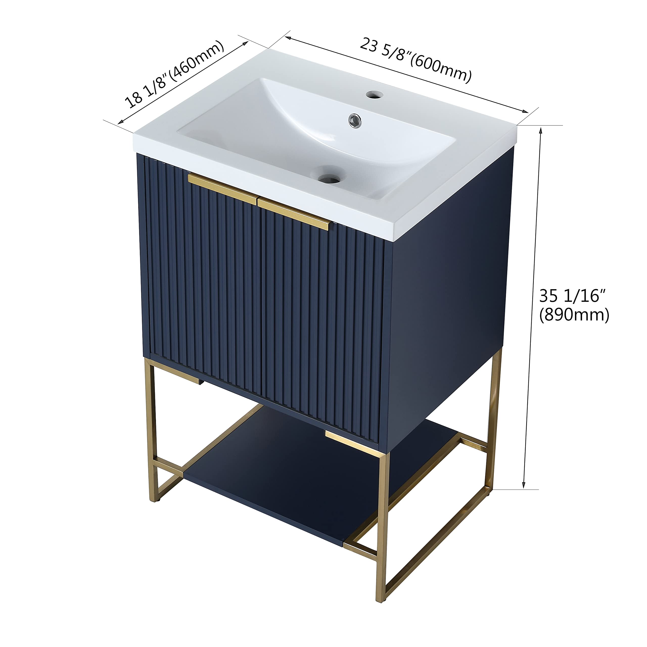 Yoluckea 24-Inch Navy Blue Freestanding Bathroom Vanity Set with Resin Sink Basin - Modern Wood Vanity Cabinet with Storage Shelf & Door - Perfect for Small Bathrooms, Powder Rooms & Apartment Spaces