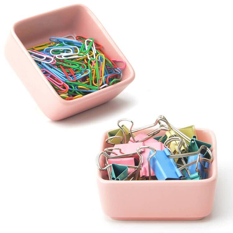 2-Pack Ceramic Square Paper Clip Holder & Organizer - Cute Desk Accessory for Office Supplies, Binder Clips, Bobby Pins & Hair Clips (Pink) - Perfect Gift for Office Organization & Workspace Decor