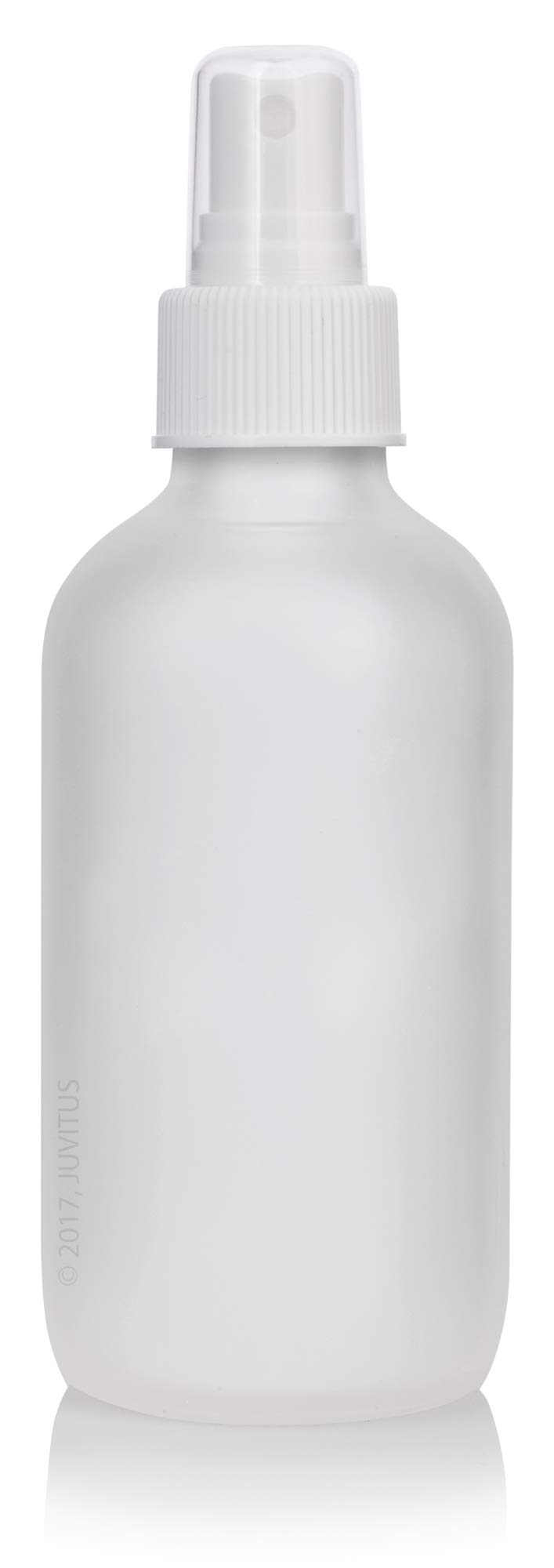 JUVITUS 4 oz Frosted Clear Glass Boston Round Bottle with White Fine Mist Sprayer (4 Pack) + Funnel - Perfect for Essential Oils, DIY Beauty Products & Travel Toiletries