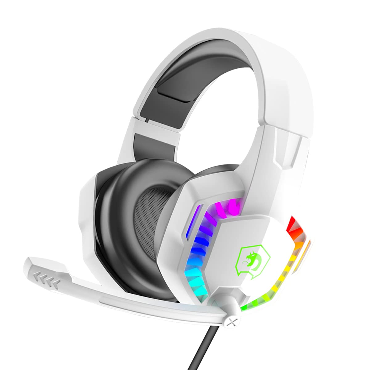 RGB Gaming Headset with 5.1 Channel Stereo Surround Sound - Wired Over-Ear Headphones with LED Lights, Noise Cancelling Mic & Volume Control for PC, PS5, Xbox, Laptop, Mac, Smartphone (White) - Perfect for Gaming, Streaming & Online Meetings