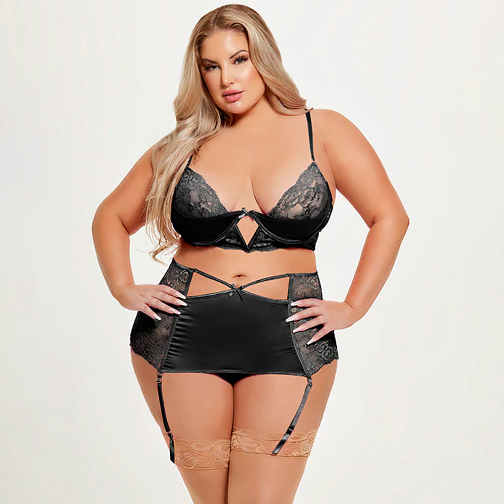 House of Desire Natasha Lace & Satin Bra Set with Garter Skirt & Thong - Plus Size Lingerie for Women | Perfect for Valentine's Day, Bridal Shower & Romantic Nights