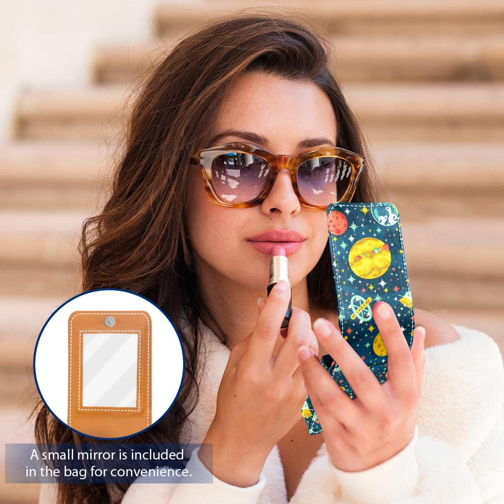 Personalized Lipstick Case - Portable Makeup Bag & Cosmetic Pouch Organizer for Lipsticks, Cute Cartoon Space Rocket Planet Stars Design - Perfect for Travel, Daily Use & Gift Giving