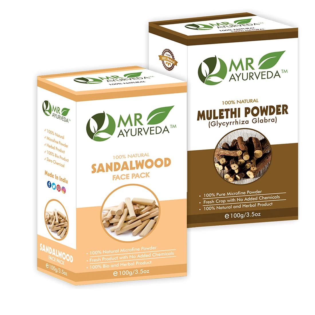 MR Ayurveda Licorice Root Powder & Sandalwood Face Pack - 100g Each | Natural Skin Brightening & Acne Treatment | For Glowing Skin & Pore Cleansing | Ayurvedic Beauty Routine