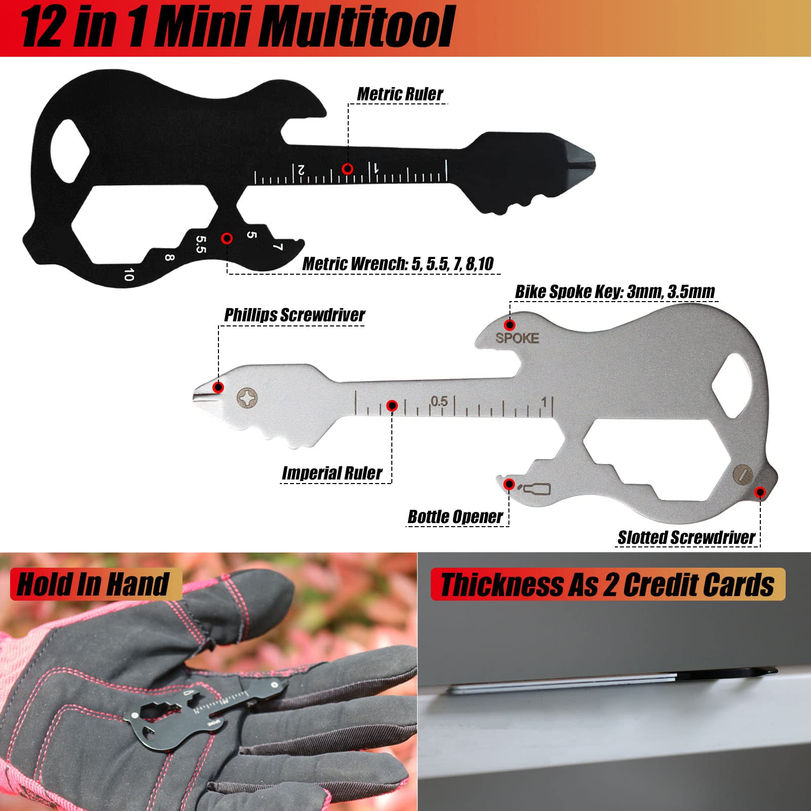 2-Pack 12-in-1 Multifunctional Guitar Keychain Tool - Bottle Opener, Screwdriver, Pocket & Wallet Tool for Outdoor, Travel & Everyday Carry (Guitar Design) - Perfect for Camping, Hiking, Gifts & Keychain Accessories